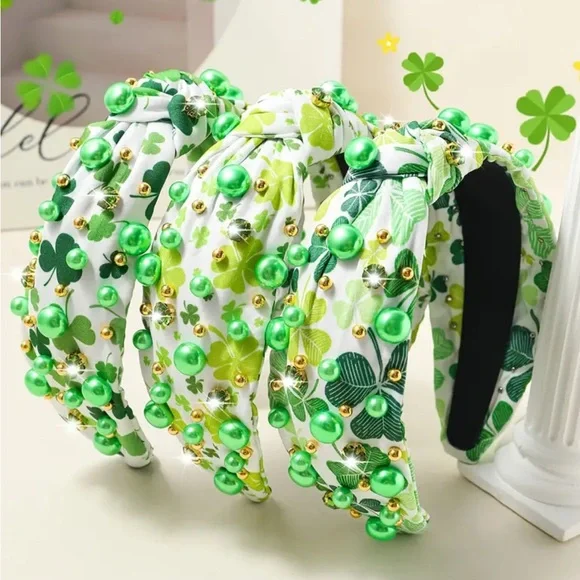 Green & Gold Beaded Light Green Shamrock Headband - Picture 3 of 5